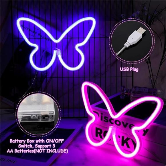 2 Pieces Butterfly Neon Signs Butterfly LED Light 3-AA Battery Powered, USB - Picture 3 of 6